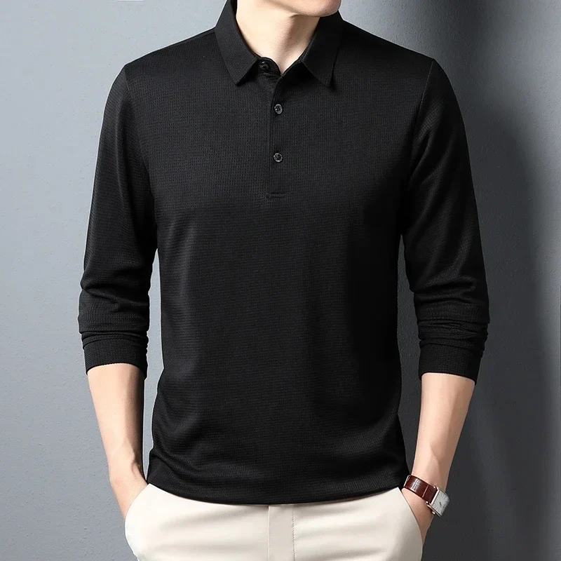 New Men's Business Fashion Casual Long Sleeved Shirt Solid Color Polo Shirt Fashionable Breathable Comfortable Versatile Top