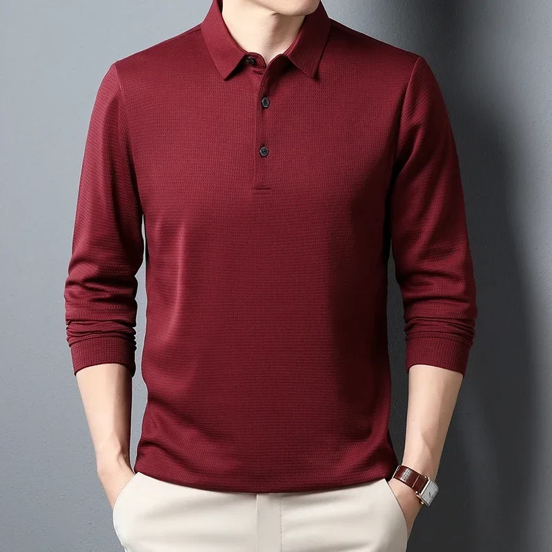 New Men's Business Fashion Casual Long Sleeved Shirt Solid Color Polo Shirt Fashionable Breathable Comfortable Versatile Top