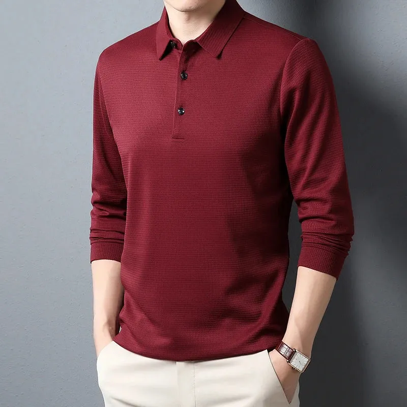 New Men's Business Fashion Casual Long Sleeved Shirt Solid Color Polo Shirt Fashionable Breathable Comfortable Versatile Top