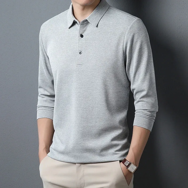 New Men's Business Fashion Casual Long Sleeved Shirt Solid Color Polo Shirt Fashionable Breathable Comfortable Versatile Top