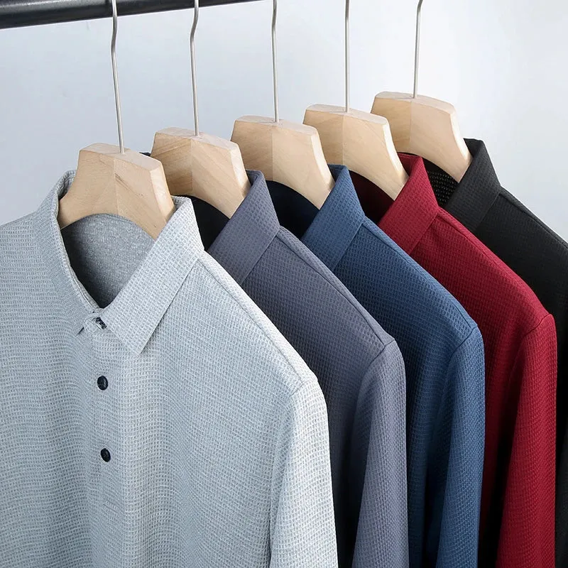 New Men's Business Fashion Casual Long Sleeved Shirt Solid Color Polo Shirt Fashionable Breathable Comfortable Versatile Top