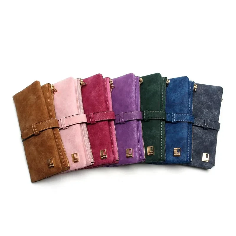 2023 New Fashion Women Wallets Drawstring Nubuck Leather Zipper Long Design Purse Two Fold More Color Clutch Hot Card Pack