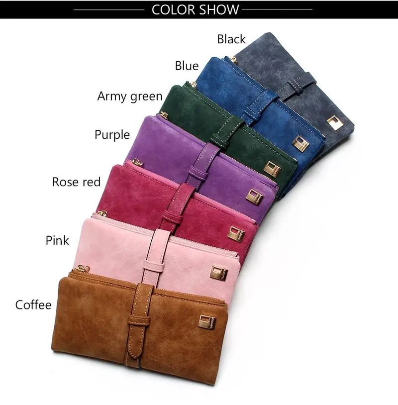 2023 New Fashion Women Wallets Drawstring Nubuck Leather Zipper Long Design Purse Two Fold More Color Clutch Hot Card Pack