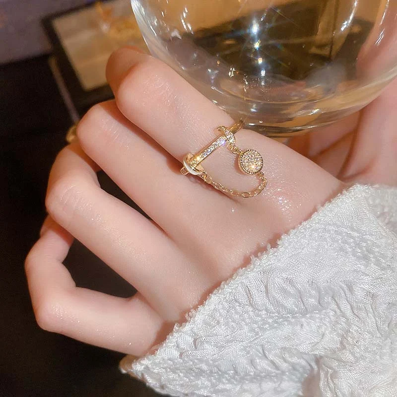 Zircon Diamond Round Chain Tassel Real Gold-plated Ring Niche Light Luxury High-end All-match Open Finger Ring