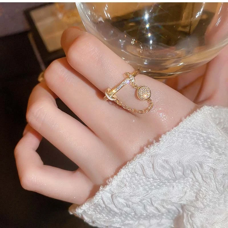 Zircon Diamond Round Chain Tassel Real Gold-plated Ring Niche Light Luxury High-end All-match Open Finger Ring