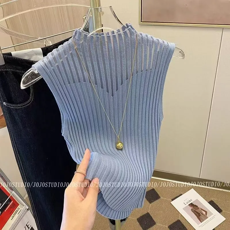 New Style Sleeveless Knit Top for Women, Summer Thin Style with a High-End Feel, Elegant Collar, Vacation Casual Top, Direct Cross-Border Supply
