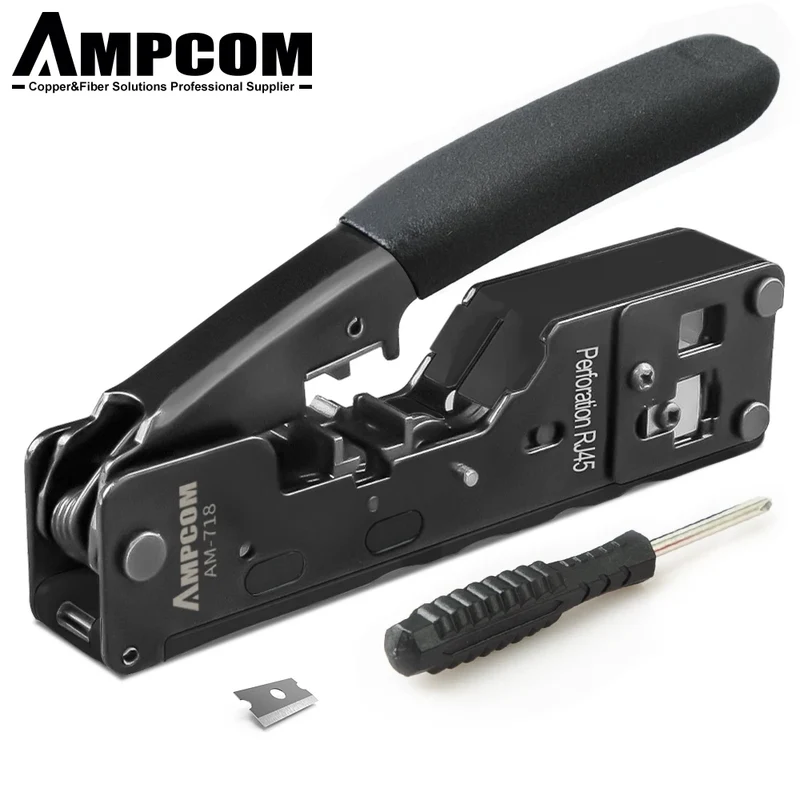 AMPCOM RJ45 RJ11 Pass Through Crimping Tool for Cat7/6A Cat6/5 Ethernet Modular Plugs Connectors With Stripper and Spare Blade