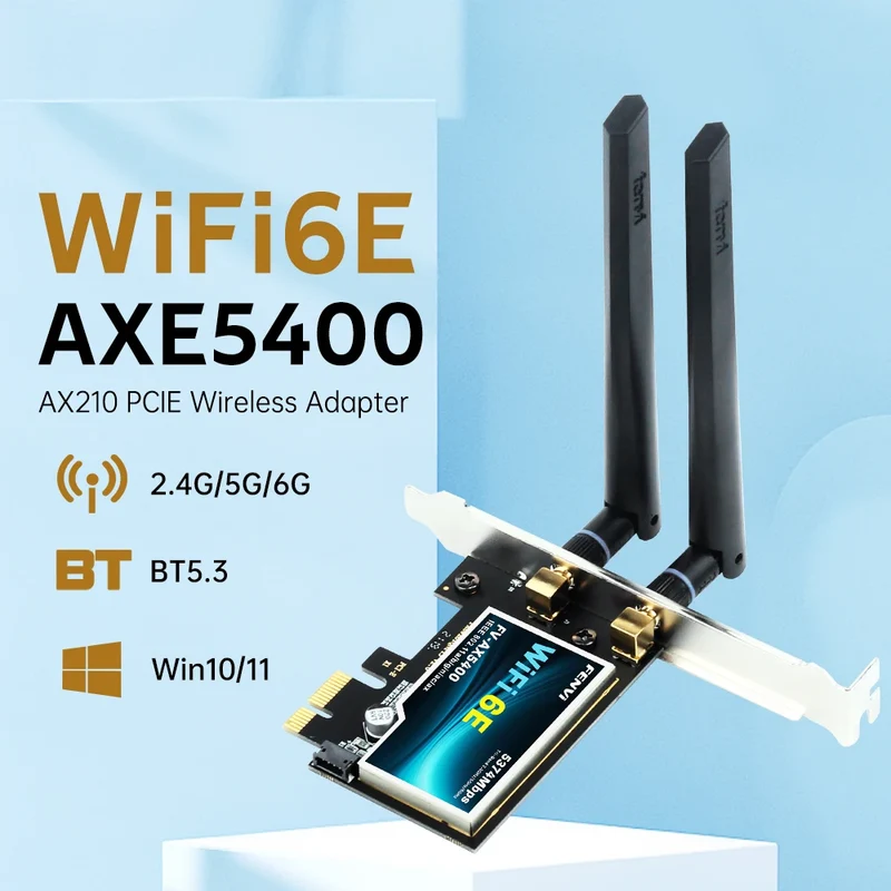 Fenvi AX210 WiFi 6E PCIE Wireless Adapter AXE5400 Tri Band 2.4G/5G/6GHz BT5.3 With PCI X1 3.0 Extension Cable for PC Win 10/11