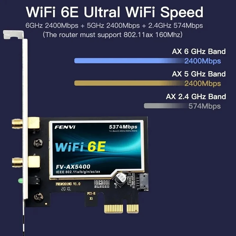 Fenvi AX210 WiFi 6E PCIE Wireless Adapter AXE5400 Tri Band 2.4G/5G/6GHz BT5.3 With PCI X1 3.0 Extension Cable for PC Win 10/11