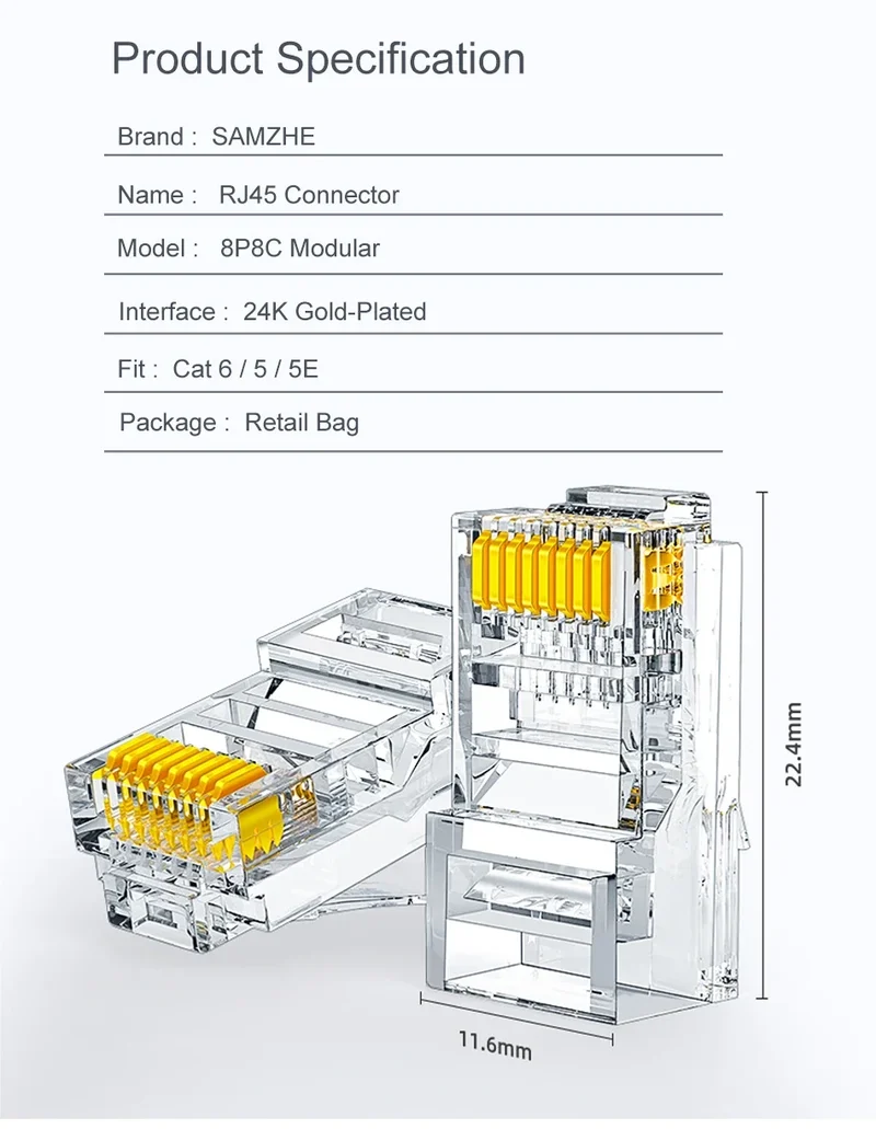 SAMZHE Cat5e RJ45 Modular Plug 8P8C Connector for Ethernet Cable,Gold Plated CAT 5e Gigabit Bulk Ethernet Crimp Connectors