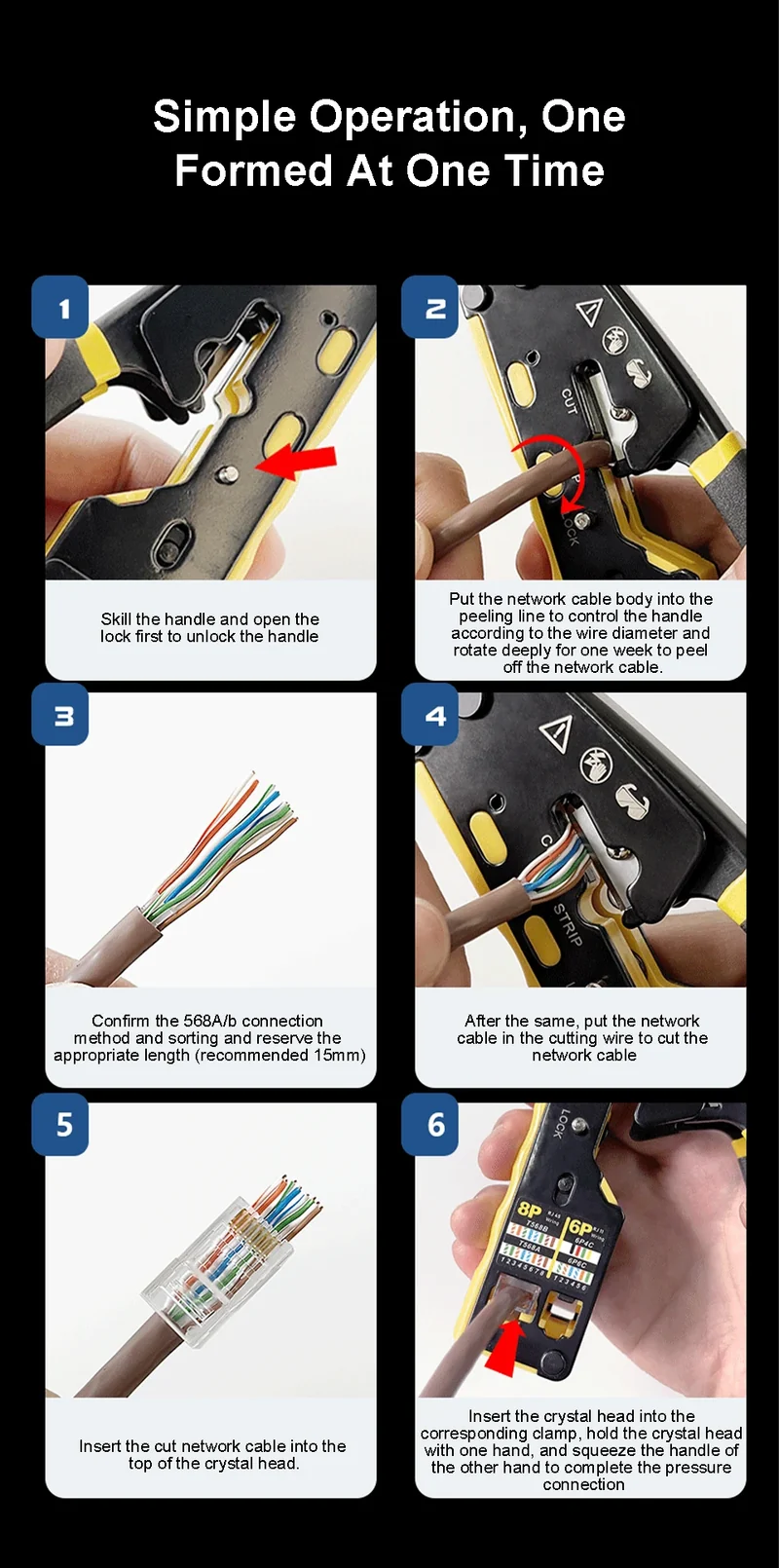 ONTi RJ45 Cat7/6/6A/5E Connector and RJ45 Crimp Tool Pass Through Crimper for 8P8C with Replacement Blade Cable Stripper