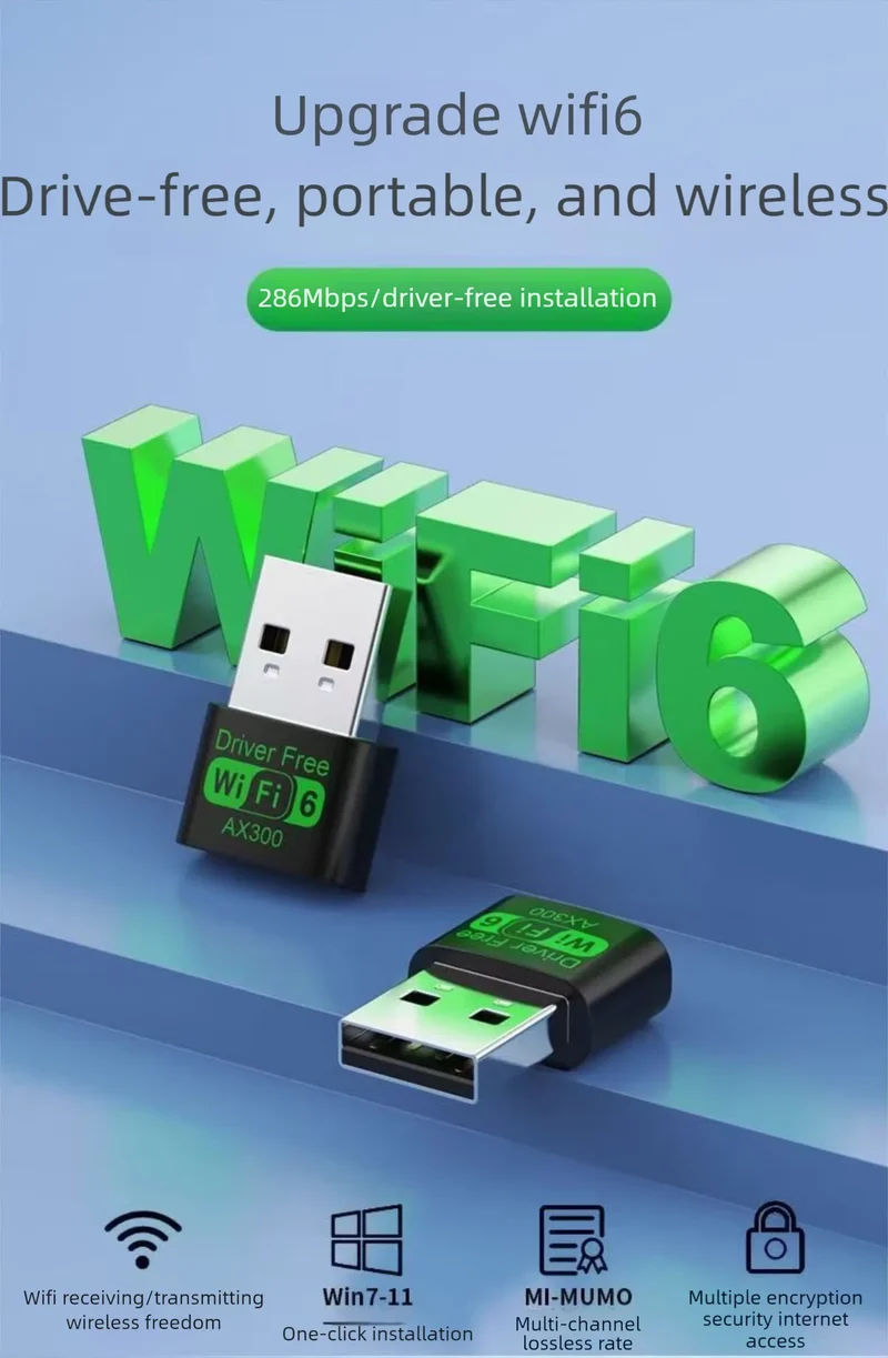 WiFi 6 AX300 WiFi USB Adapter Wireless Network Card 2.4G Wi-Fi Dongle Dual Band Antenna USB For PC/Laptop Win10/11 Driver Free