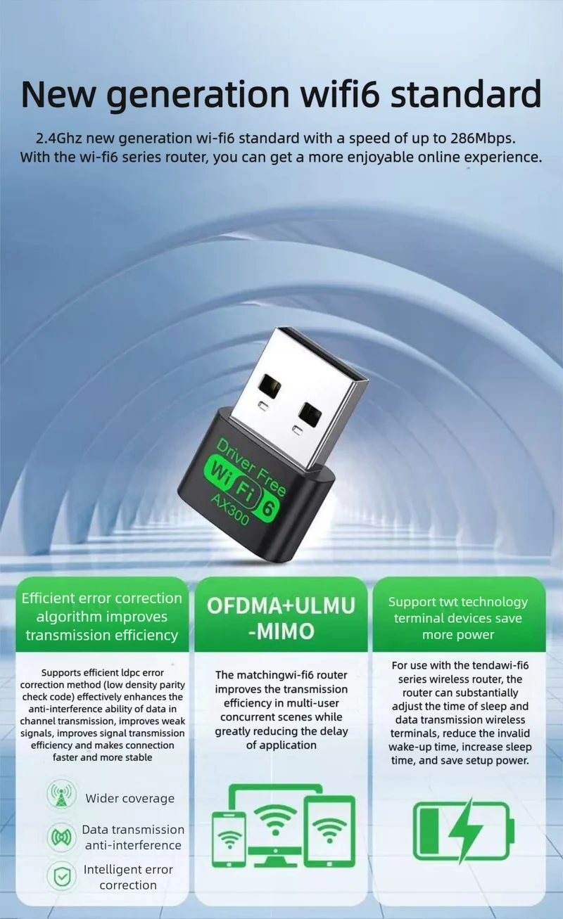 WiFi 6 AX300 WiFi USB Adapter Wireless Network Card 2.4G Wi-Fi Dongle Dual Band Antenna USB For PC/Laptop Win10/11 Driver Free