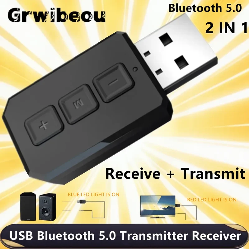 Grwibeou Wireless 2 in 1 USB Bluetooth 5.0 Dongle Adapter for PC TV Speaker Wireless Mouse Music Audio Receiver Transmitter Aptx