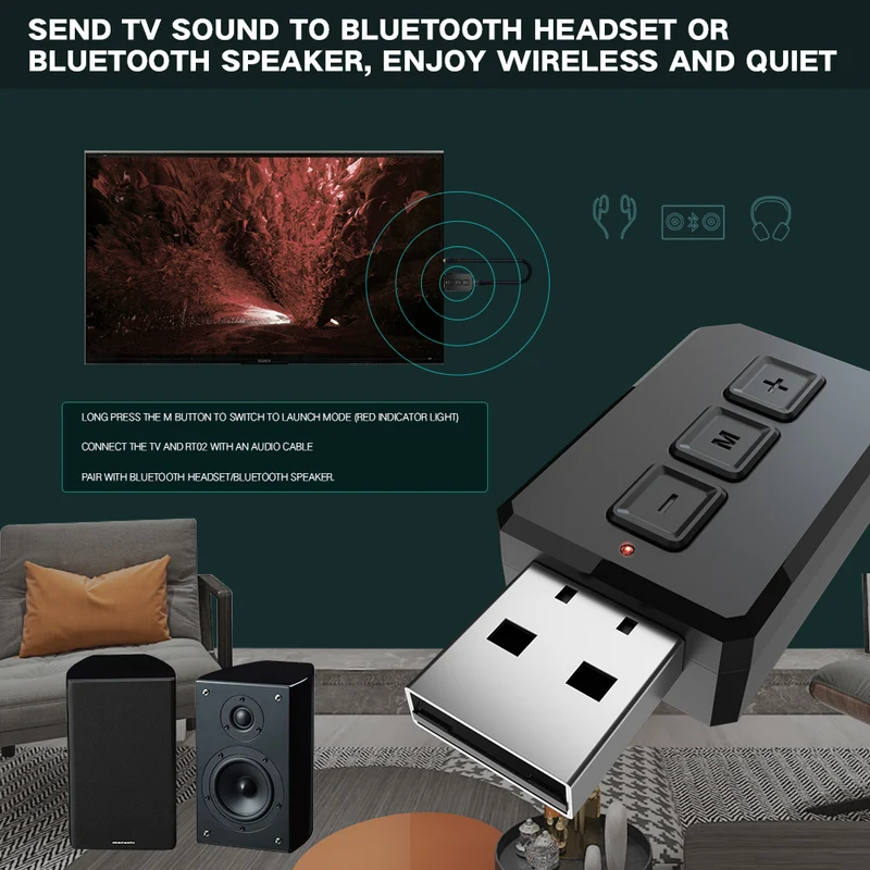 Grwibeou Wireless 2 in 1 USB Bluetooth 5.0 Dongle Adapter for PC TV Speaker Wireless Mouse Music Audio Receiver Transmitter Aptx