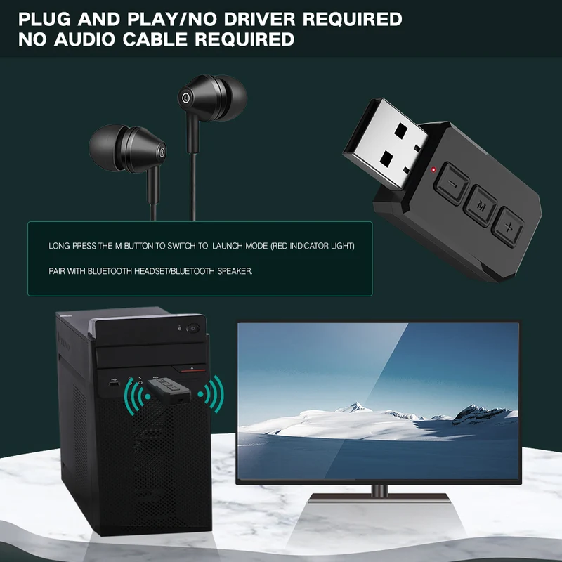 Grwibeou Wireless 2 in 1 USB Bluetooth 5.0 Dongle Adapter for PC TV Speaker Wireless Mouse Music Audio Receiver Transmitter Aptx