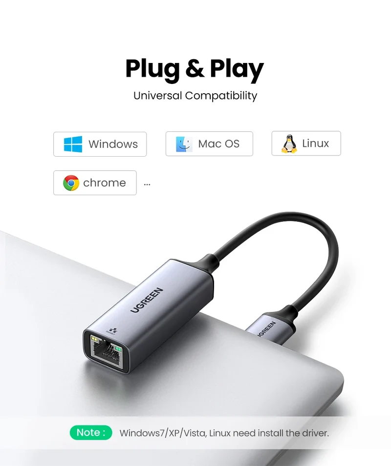 UGREEN USB Ethernet Adapter USB 3.0 Network Card to USB RJ45 Lan for PC Windows 10 Xiaomi Mi Box 3/S Nintend Switch Ethernet USB