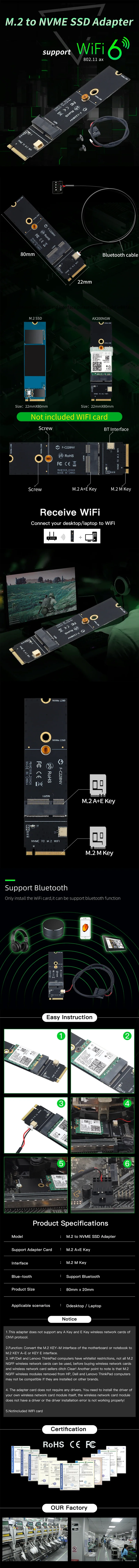 FENVI NGFF M.2 A+E Key To NVMe PCI Express SSD Port Converter Adapter F-C228NV For AX200 AX210 8265 7260AC WiFi BT Wireless Card