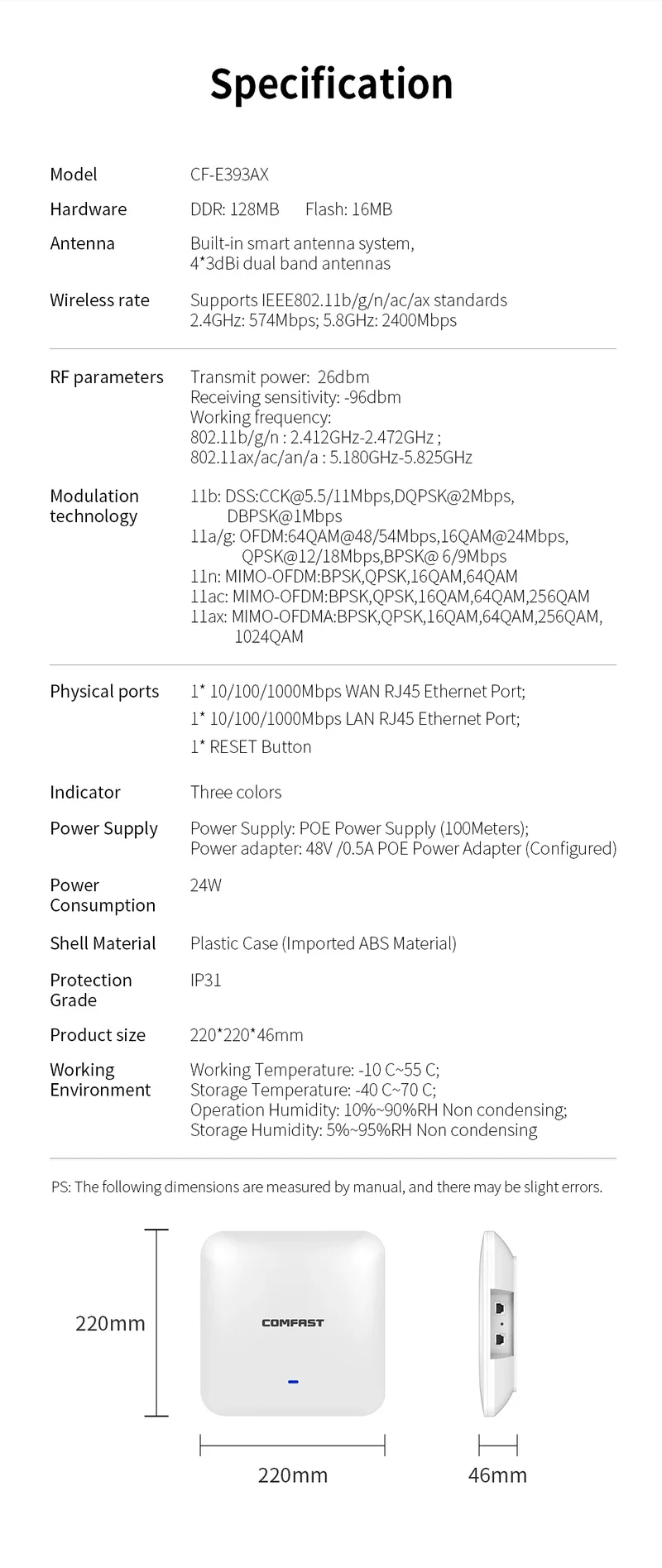 COMFAST WiFi6 High Power Ceiling AP AX3000 Gigabit Wireless Cover Access Point 2.4G 5Ghz 802.11AX Wi-Fi POE MU-MIMO CF-E393AX