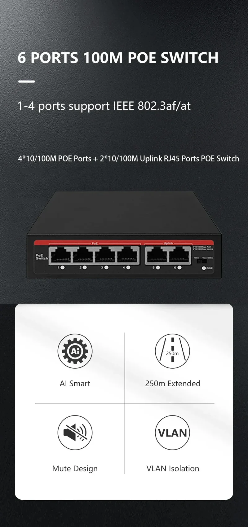 2026 POE Switch 6 Ports 10/100Mbps AI Smart Ethernet Switch with 2 Uplink RJ45 Ports AI Smart Switch for IP Camera/Wireless AP