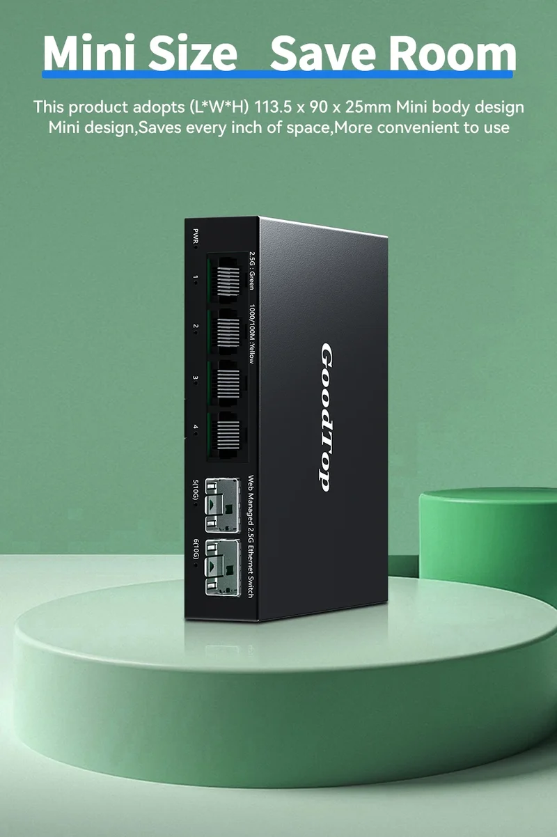GoodTop 2.5GbE Managed Switch 6 Port 2.5GBASE-T Network Switcher 10G SFP+ Slot Uplink Web Managed Hub Internet Splitter Fanless