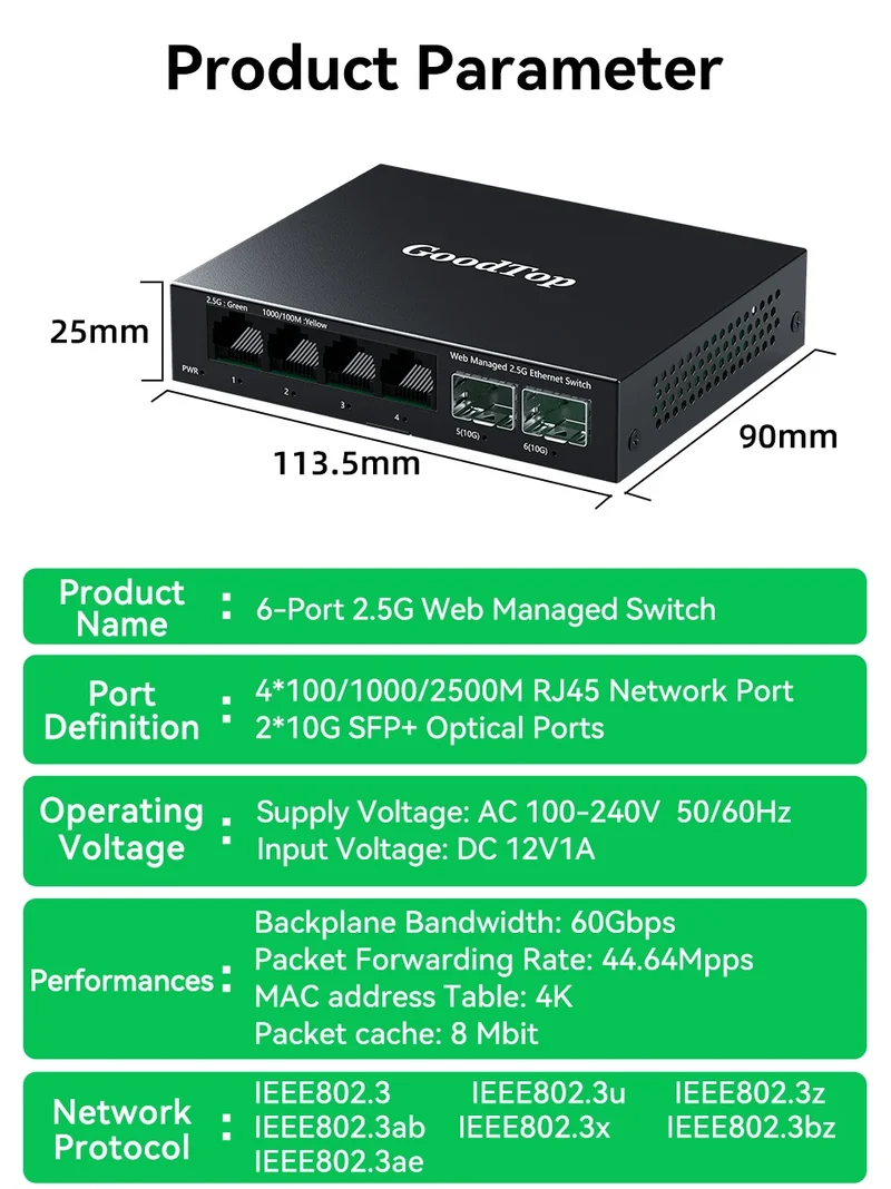 GoodTop 2.5GbE Managed Switch 6 Port 2.5GBASE-T Network Switcher 10G SFP+ Slot Uplink Web Managed Hub Internet Splitter Fanless