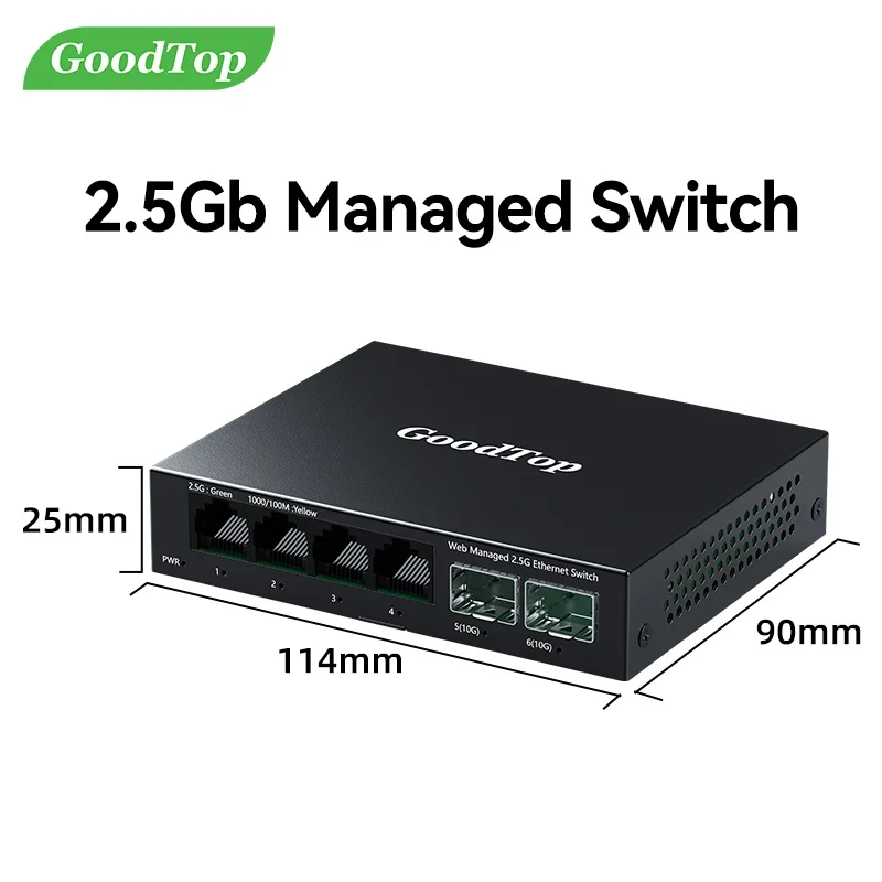 GoodTop 2.5GbE Managed Switch 6 Port 2.5GBASE-T Network Switcher 10G SFP+ Slot Uplink Web Managed Hub Internet Splitter Fanless