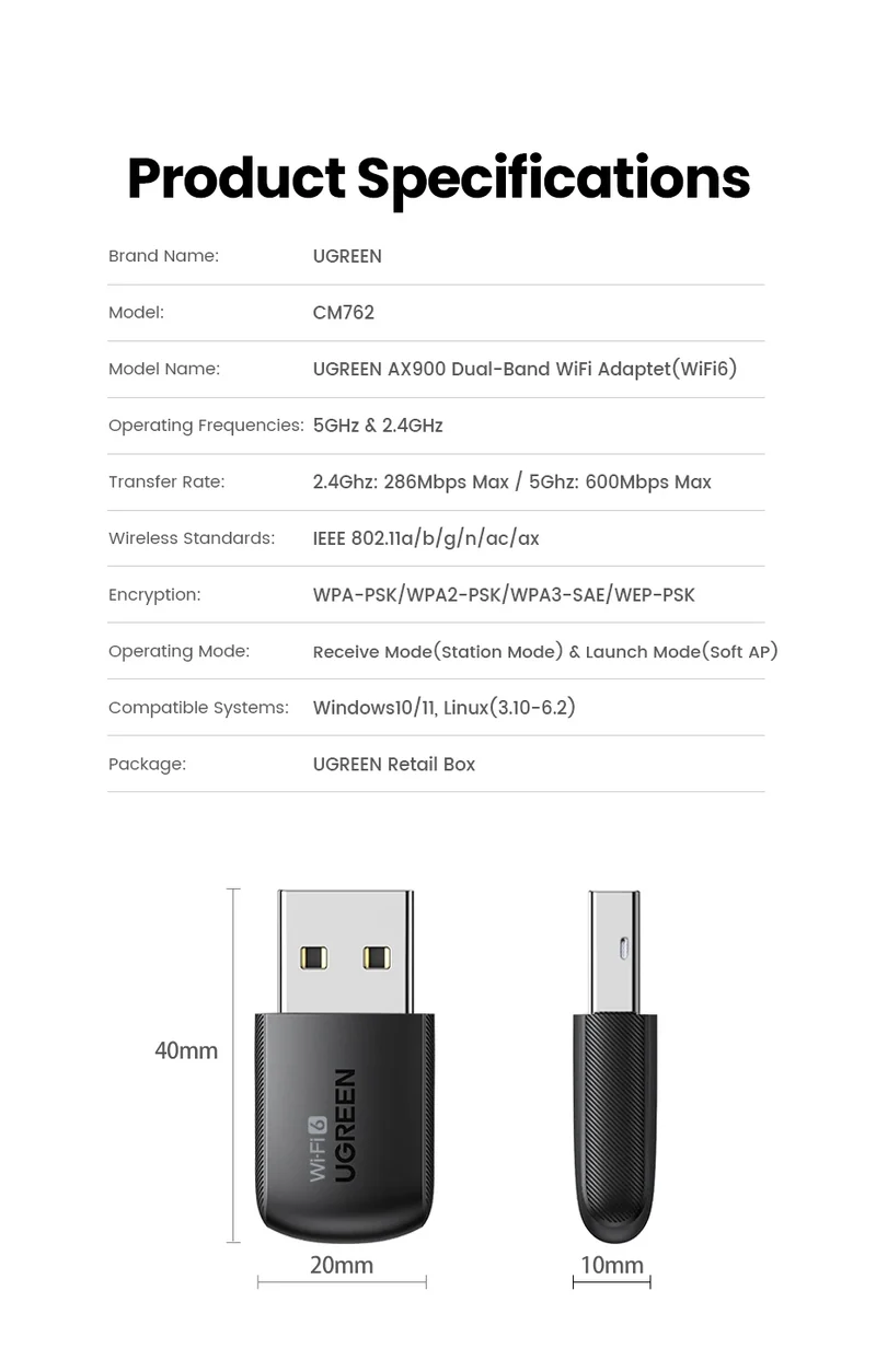 UGREEN WiFi Adapter WiFi6 AX900 AX1800 5G&2.4G Dual Band Dongle for PC Laptop Wifi Antenna USB Ethernet Receiver Network Adapter