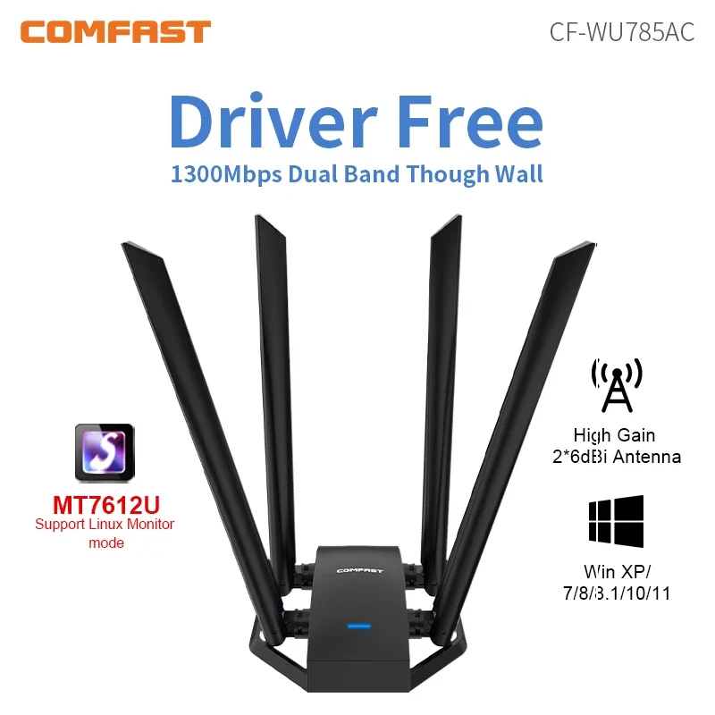 COMFAST 1300M Adaptador Wi Fi Banda Dupla Sem Fio 2.4G/ 5GHz 4 Antenna USB3.0 Wireless USB Placa Wifi Pra PC Kali Linux Adapter