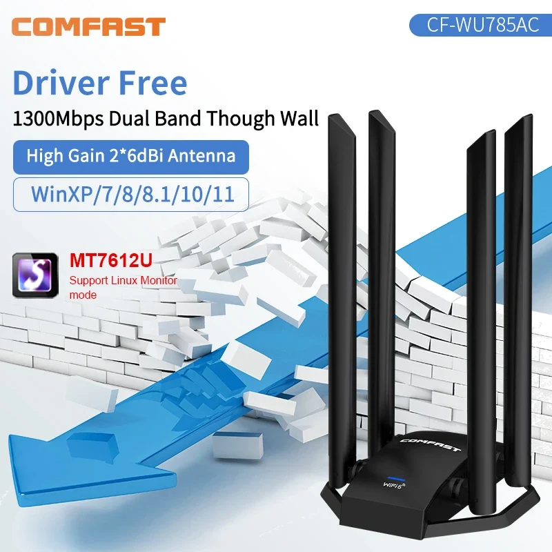 COMFAST 1300M Adaptador Wi Fi Banda Dupla Sem Fio 2.4G/ 5GHz 4 Antenna USB3.0 Wireless USB Placa Wifi Pra PC Kali Linux Adapter