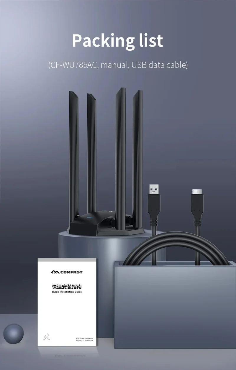COMFAST 1300M Adaptador Wi Fi Banda Dupla Sem Fio 2.4G/ 5GHz 4 Antenna USB3.0 Wireless USB Placa Wifi Pra PC Kali Linux Adapter