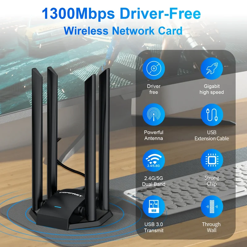 COMFAST 1300M Adaptador Wi Fi Banda Dupla Sem Fio 2.4G/ 5GHz 4 Antenna USB3.0 Wireless USB Placa Wifi Pra PC Kali Linux Adapter