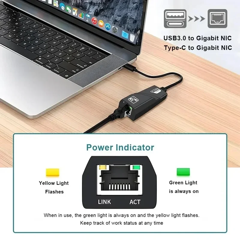 1000Mbps USB3.0 To Rj45 Network Adapter RTL8153 Lan Ethernet Adapter 100/1000Mbps Network Card For Macbook Laptop Win10/11