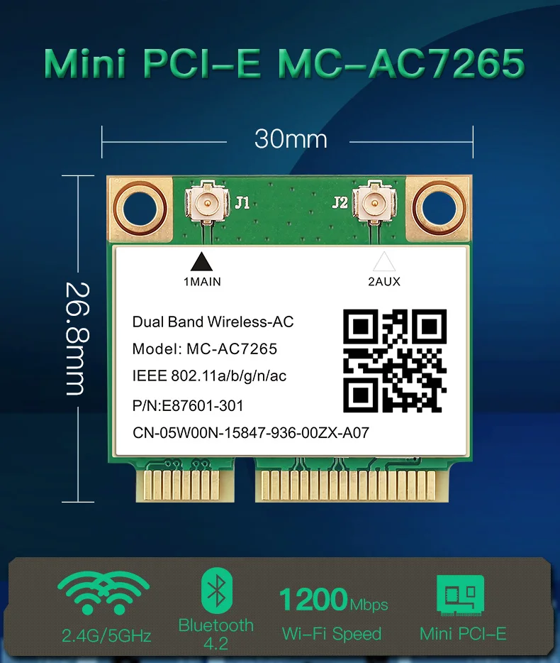 MC-AC7265 1200Mbps Bluetooth 4.2Mini PCI-E Interface 2.4G 5Ghz Wifi Card For Laptop
