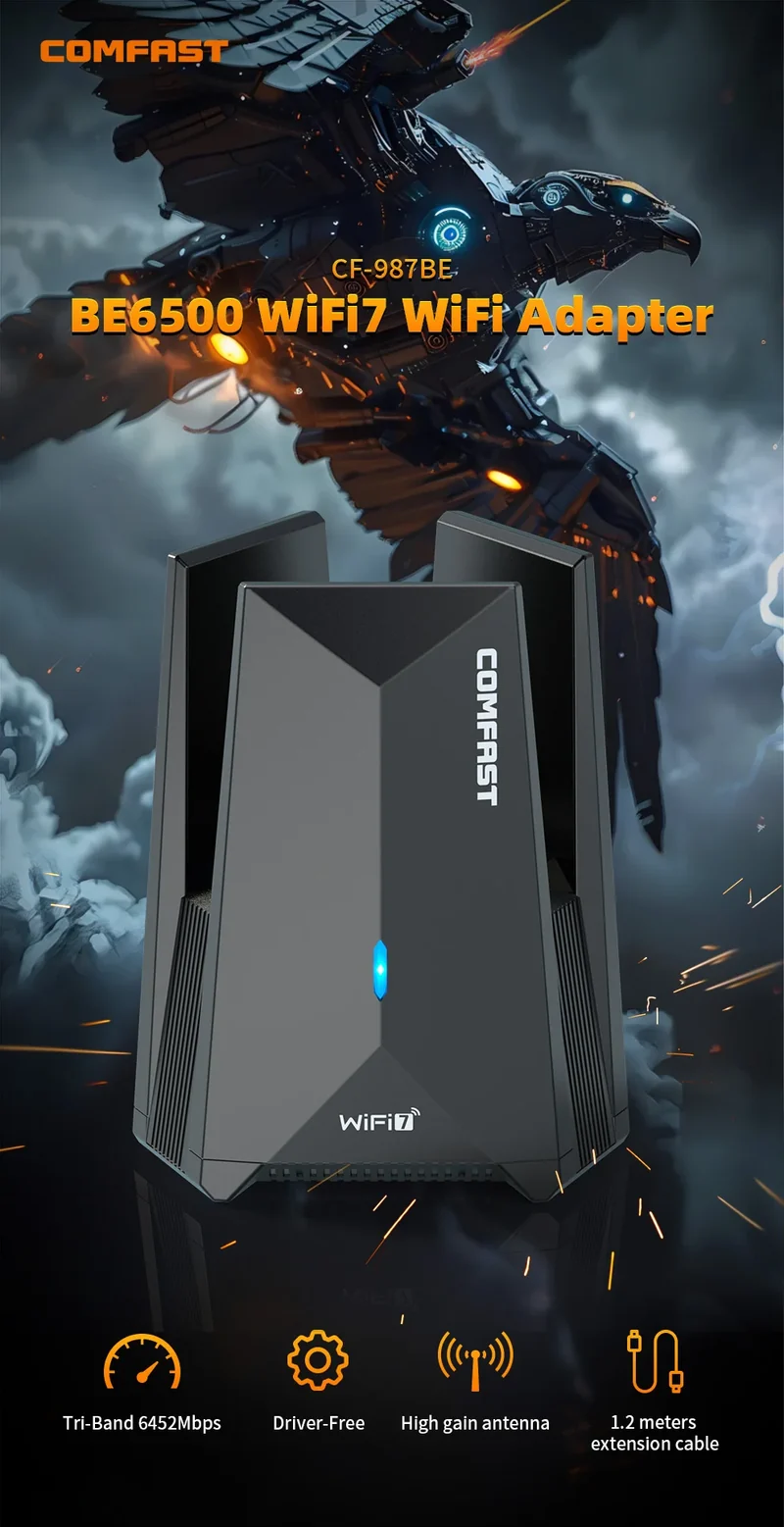 COMFAST USB WiFi 7 Wi-fi adapter 6452Mbps Network Card USB3.0 Tri-band Wifi Dongle 2.4G/5.8G/6G Driver-Free For PC Win10/11