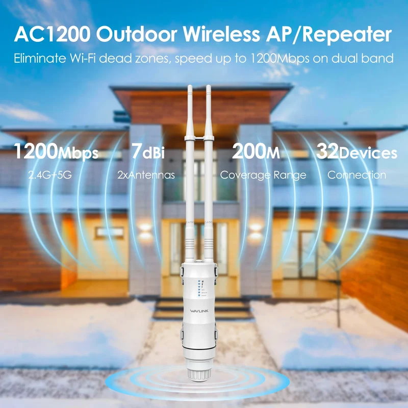 WAVLINK AC600/1200 High Power Outdoor Router Dual Band Weatherproof Long Range Mesh Technology 4 Directional Antennas