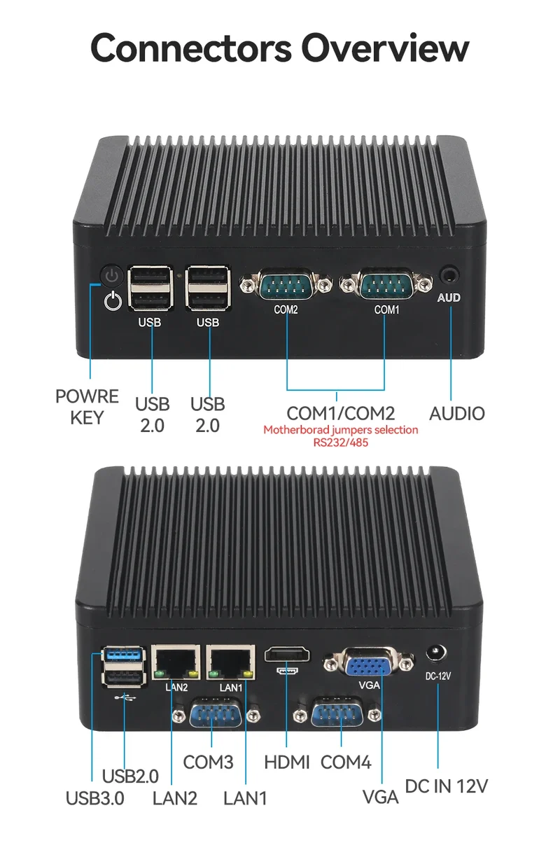 Fanless Industrial PC Intel J6412 N2840 J2900 4xCOM RS232 RS485 6xUSB 2x LAN HDMI VGA Mini PCIe WiFi 4G LTE GPIO Windows Linux