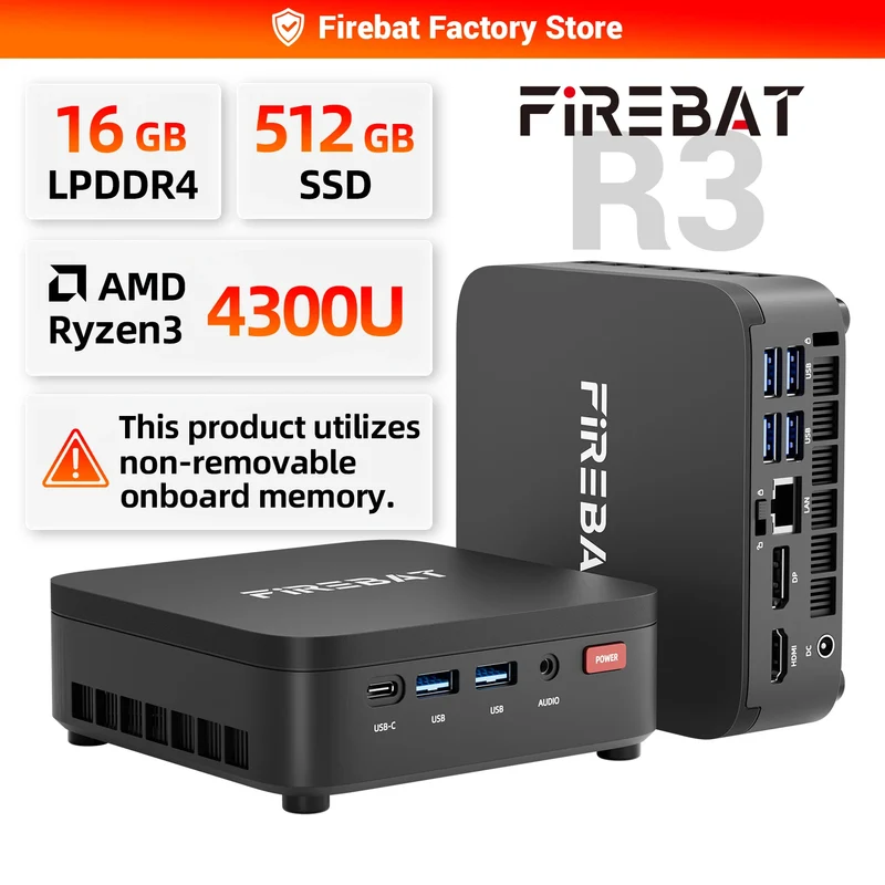 FIREBAT R3 MINI PC AMD Ryzen 5 7430U 6C/12T MAX 4.3GHz 16GB LPDDR4 RAM 512GB SSD WIFI6 BT5.2 Windows 11 Desktop Computer