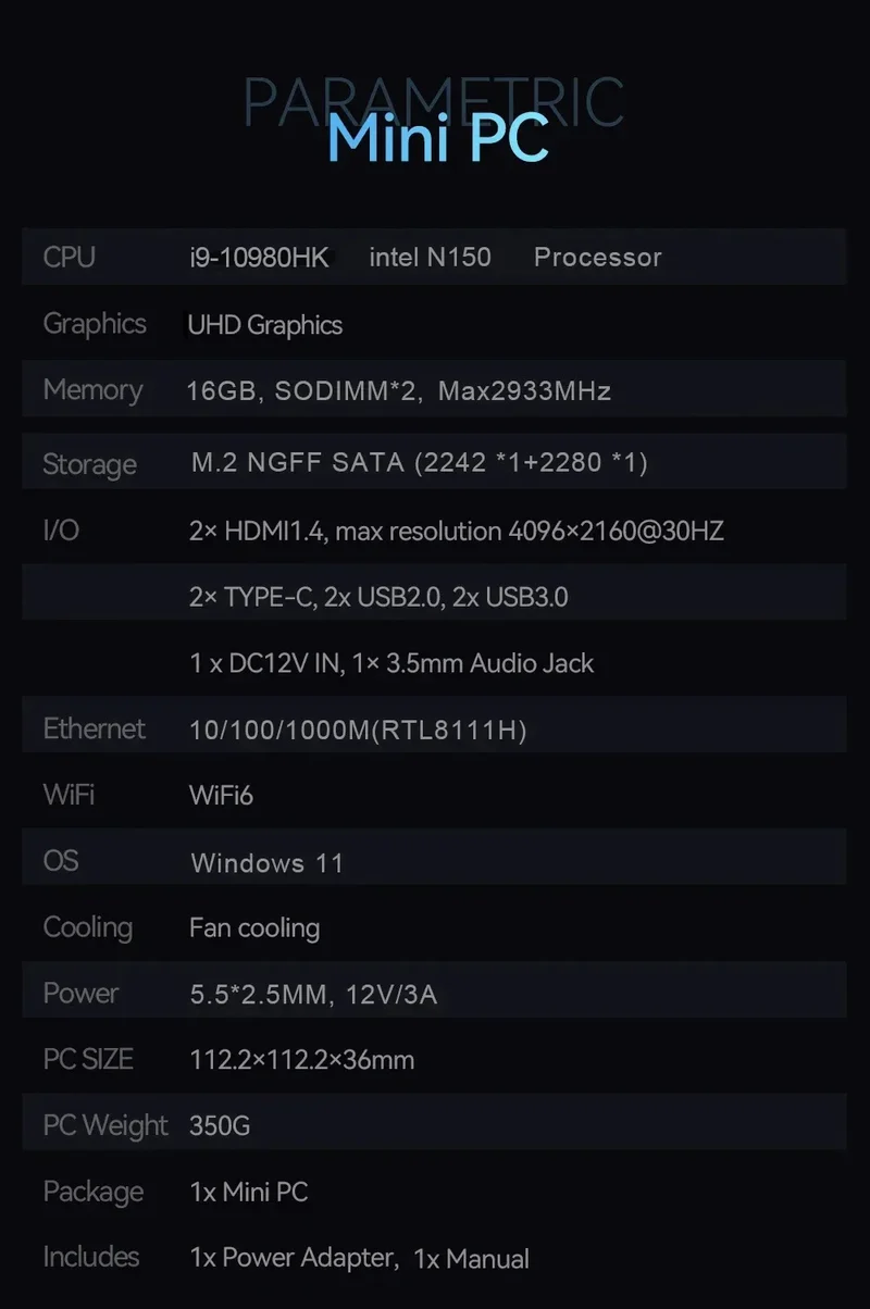Windows 11 MiniPC Intel Core i9 10980HK Intel N150 16GB 32GB RAM WIFI6 BT5.2 4K 1TB 2TB SSD 1000Mbps Protable Gaming Computer PC