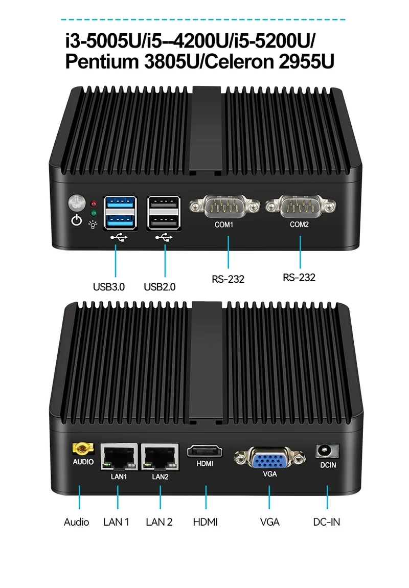 Fanless Mini PC IPC Intel J1900 J2900 I5-5200U 2xEthernet 2x COM DB9 HDMI VGA MPICE Expansion WiFi 4G LTE Support Windows Linux