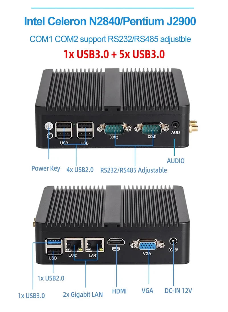 Fanless Mini PC IPC Intel J1900 J2900 I5-5200U 2xEthernet 2x COM DB9 HDMI VGA MPICE Expansion WiFi 4G LTE Support Windows Linux