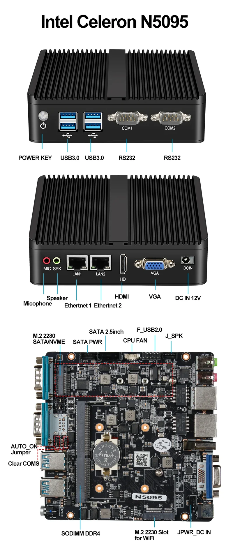 XCY Fanless Mini PC Intel Core I5-5200U I3-5005U Dual GbE LAN 2x RS-232 Serial Ports 4x USB Embedded IPC WiFi Windows Linux