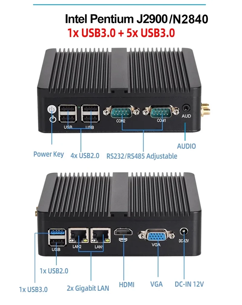 XCY Fanless Mini PC Intel Core I5-5200U I3-5005U Dual GbE LAN 2x RS-232 Serial Ports 4x USB Embedded IPC WiFi Windows Linux