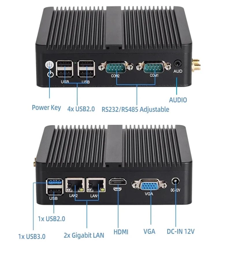 XCY Fanless Mini PC Intel Core I5-5200U I3-5005U Dual GbE LAN 2x RS-232 Serial Ports 4x USB Embedded IPC WiFi Windows Linux