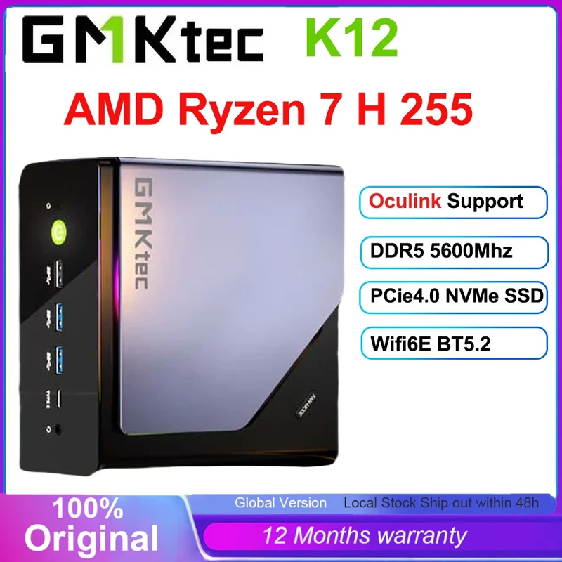GMKtec K12 Mini PC AMD Ryzen 7 H 255 Windows 11 Pro DDR5 5600Mhz PCie3.0 NVMe SSD Wifi6E BT5.2 Quad Screen Display Oculink