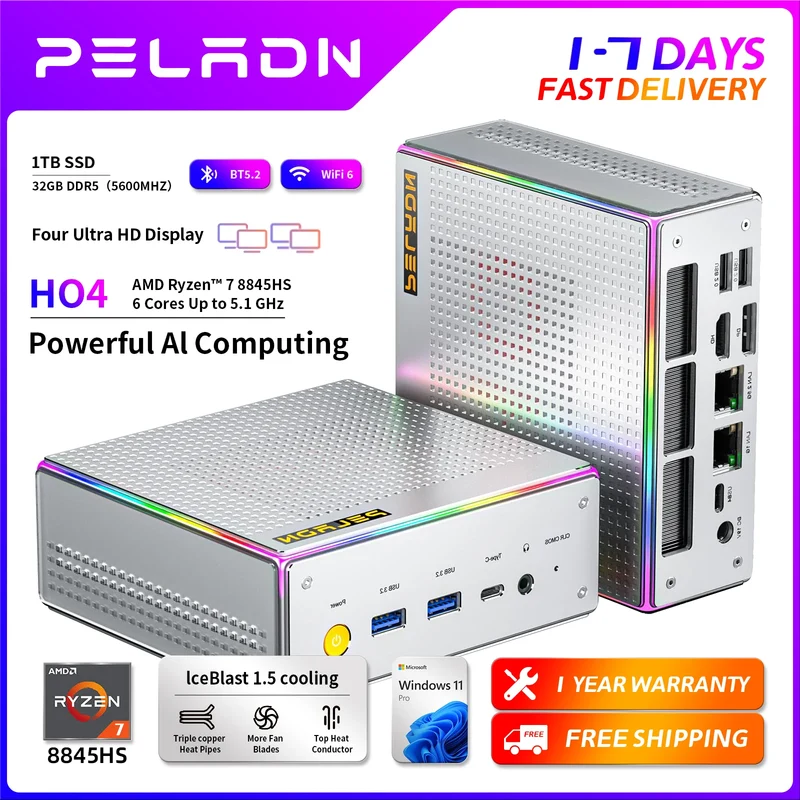PELADN HO4 Gaming Mini PC AMD Ryzen 7 8845HS 32GB DDR5 5600MHz 1TB PCIe4.0 SSD, AMD Radeon 780M with Dual RJ45 LAN, WiFi6 BT5.2