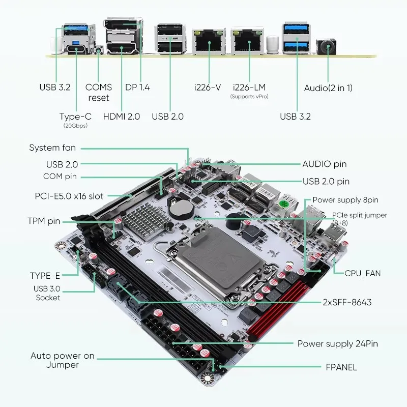 Q670 Intel vPro 8-Bay NAS Motherboard 12/13/14th Gen LGA1700 3*NVMe 2*SFF-8643 1*PCIE5.0x16 2*DDR5 2*2.5G LAN Firewall Mainboard