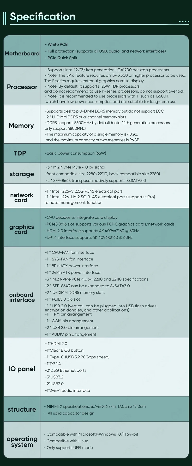 Q670 Intel vPro 8-Bay NAS Motherboard 12/13/14th Gen LGA1700 3*NVMe 2*SFF-8643 1*PCIE5.0x16 2*DDR5 2*2.5G LAN Firewall Mainboard