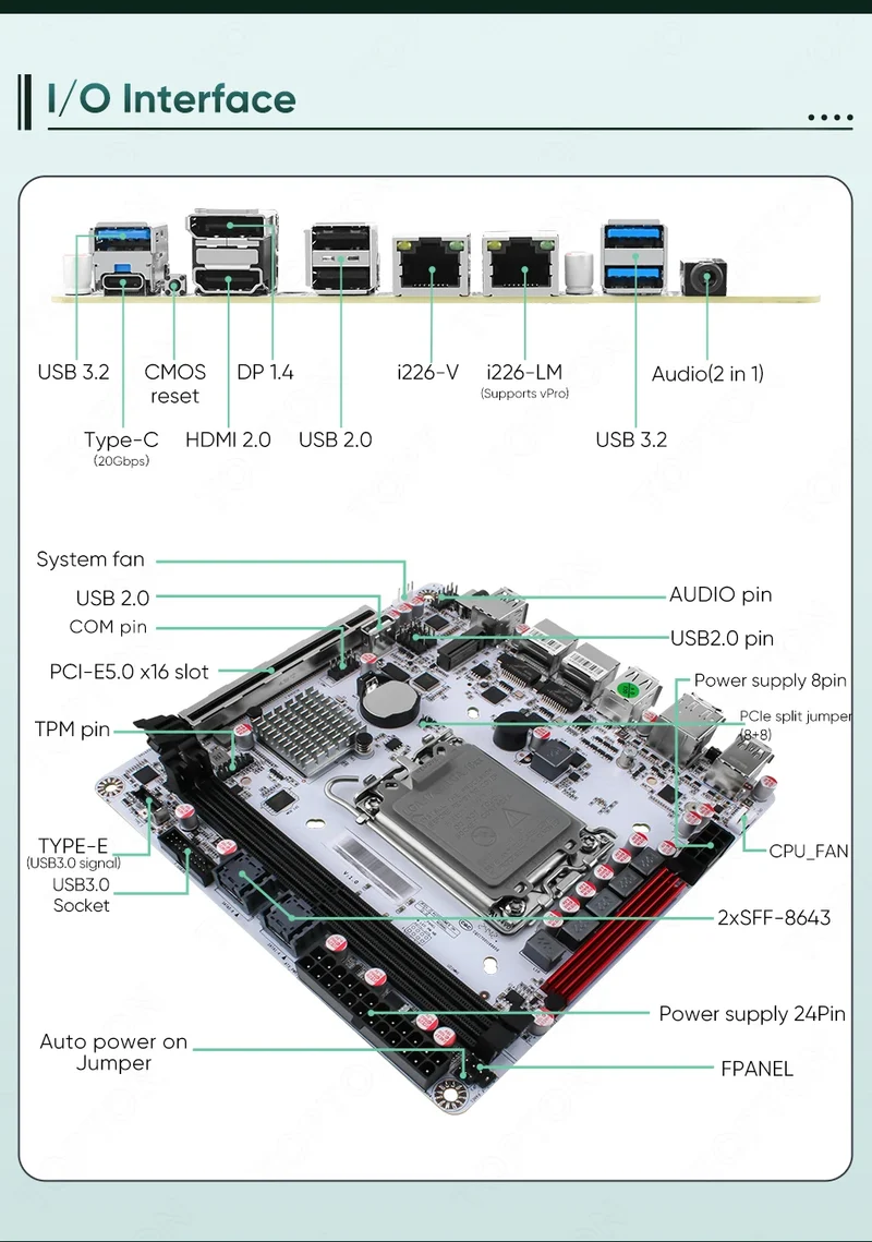 Q670 Intel vPro 8-Bay NAS Motherboard 12/13/14th Gen LGA1700 3*NVMe 2*SFF-8643 1*PCIE5.0x16 2*DDR5 2*2.5G LAN Firewall Mainboard