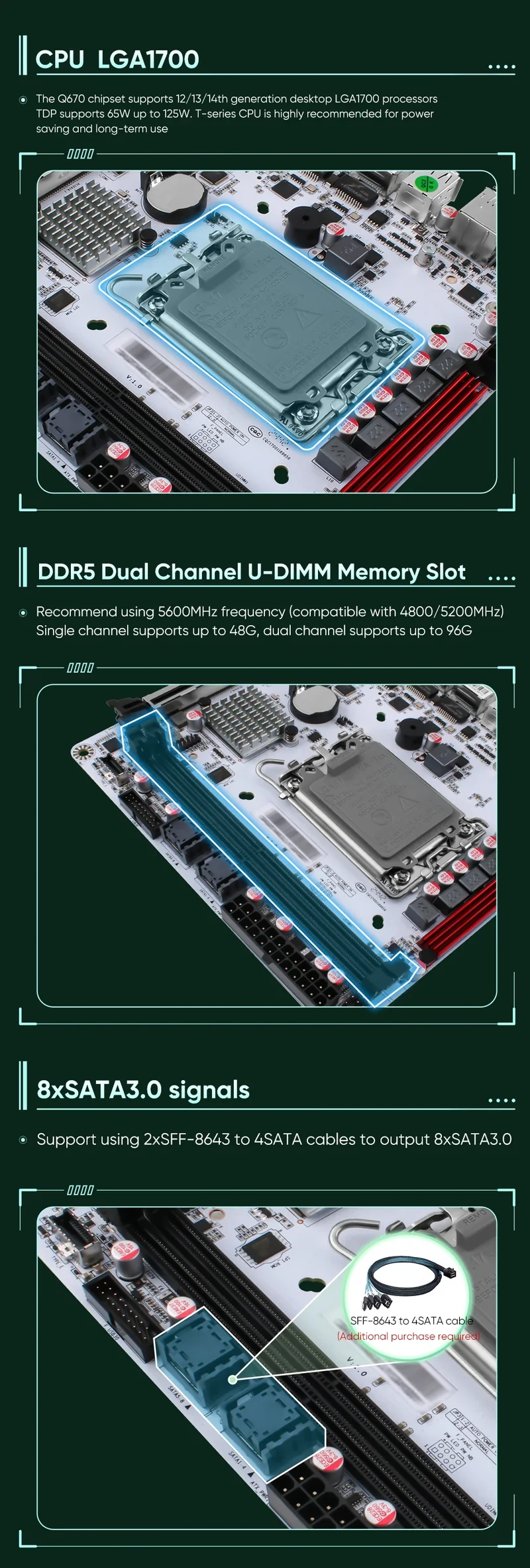 Q670 Intel vPro 8-Bay NAS Motherboard 12/13/14th Gen LGA1700 3*NVMe 2*SFF-8643 1*PCIE5.0x16 2*DDR5 2*2.5G LAN Firewall Mainboard